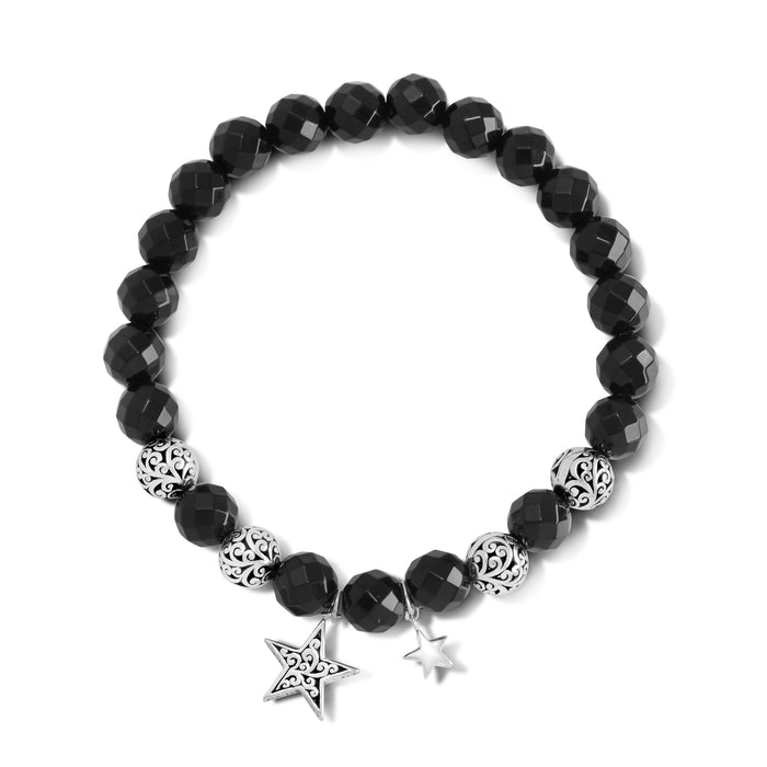 Black Onyx (8mm) & LH Scroll Beads with Stars Charm Stretch Bracelet