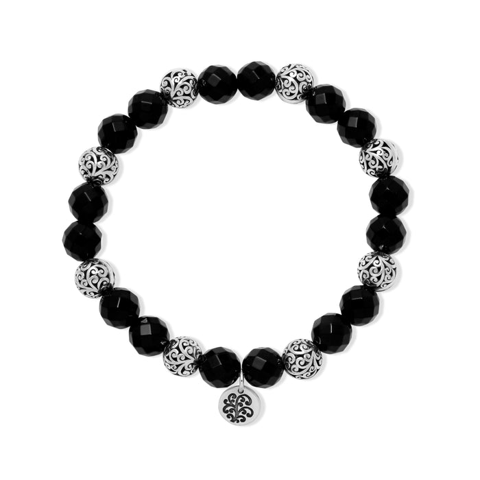 Classic Cutout 8mm Sterling Silver Bead and 8mm Faceted Black Onyx Stretchy Bracelet