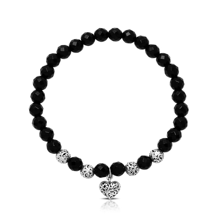 Classic Cutout 6mm Bead and 6mm Black Onyx with Heart Charm Stretchy Bracelet