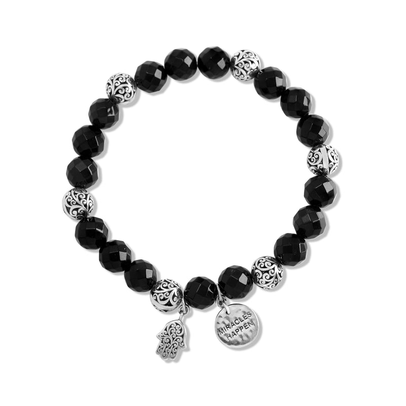 Black Onyx (8mm) & LH Scroll Beads with Hamsa & "Miracles Happen" Charms Stretch Bracelet