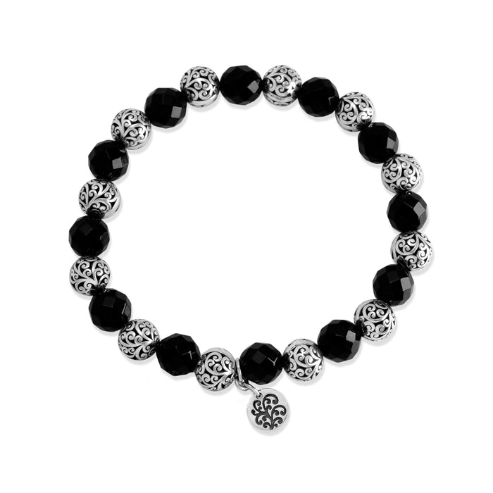 Black Onyx (8mm) & LH Scroll Every Other Beads Stretch Bracelet