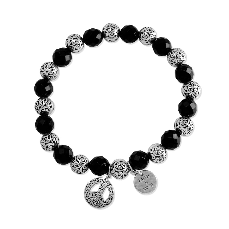 Black Onyx (8mm) & LH Scroll Alternated Beads with Faith & Love Disc and Peace Charms Stretch Bracelet