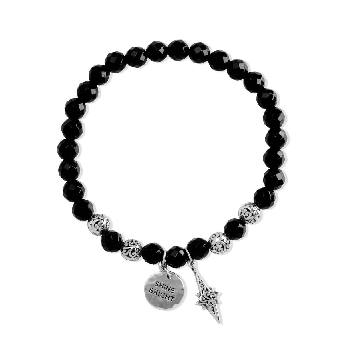 Black Onyx (6mm) & LH Scroll Beads with Star Bright Charms Stretch Bracelet