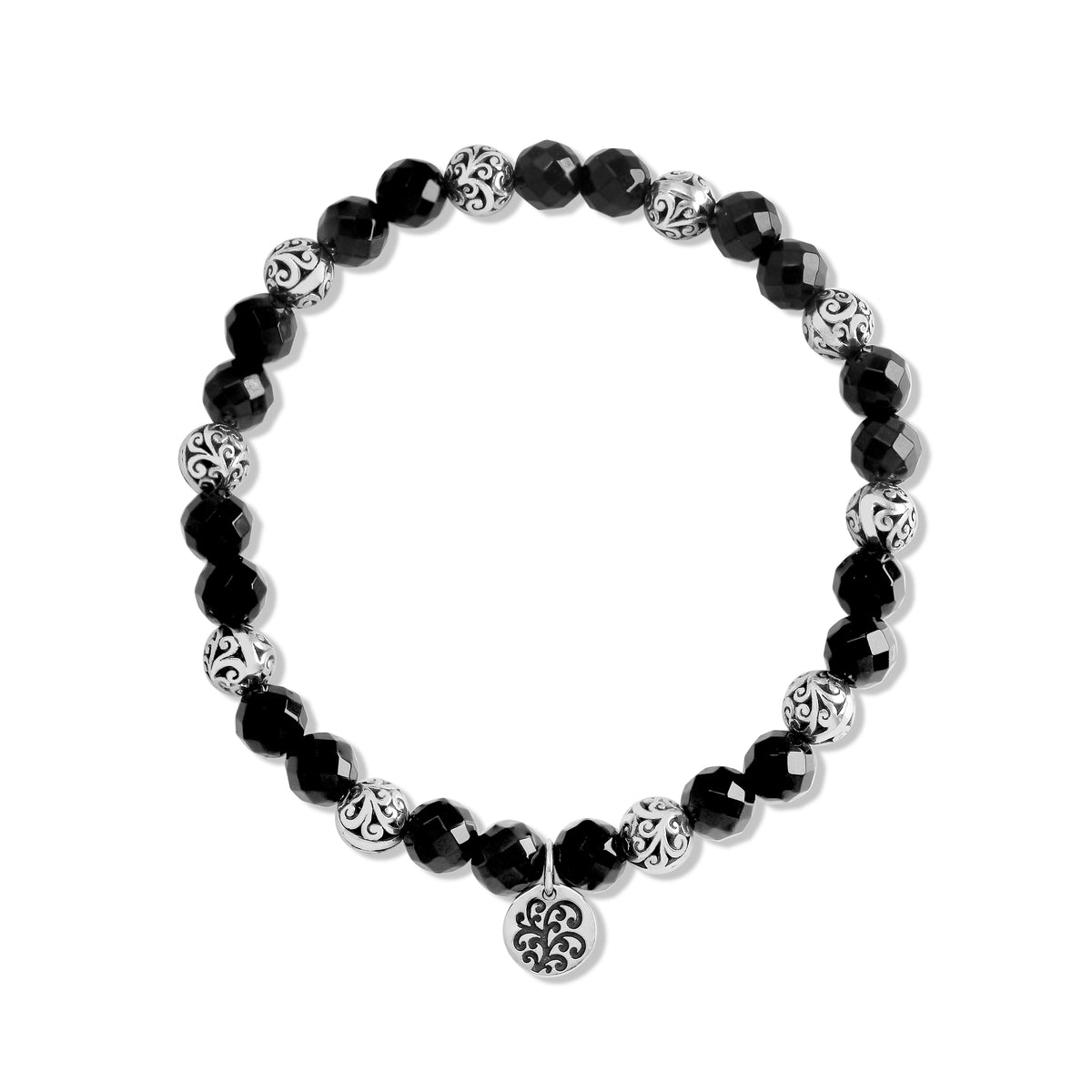 Black Onyx (6mm) & LH Scroll Every Two Beads Stretch Bracelet
