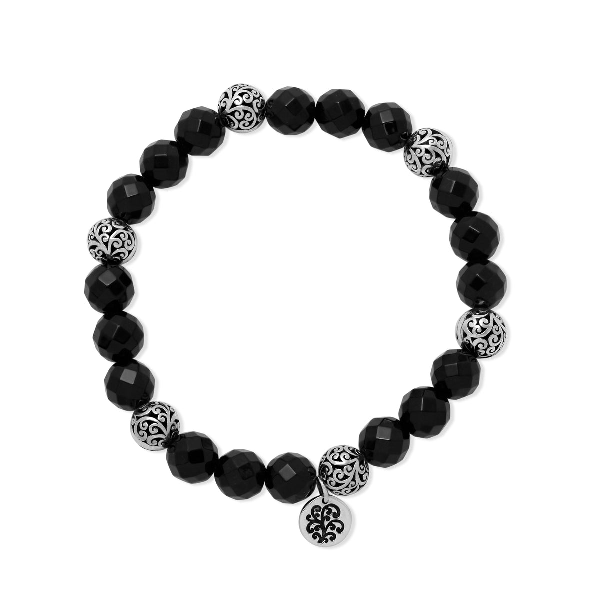 Black Onyx (8mm) & LH Scroll Every Three Beads Stretch Bracelet