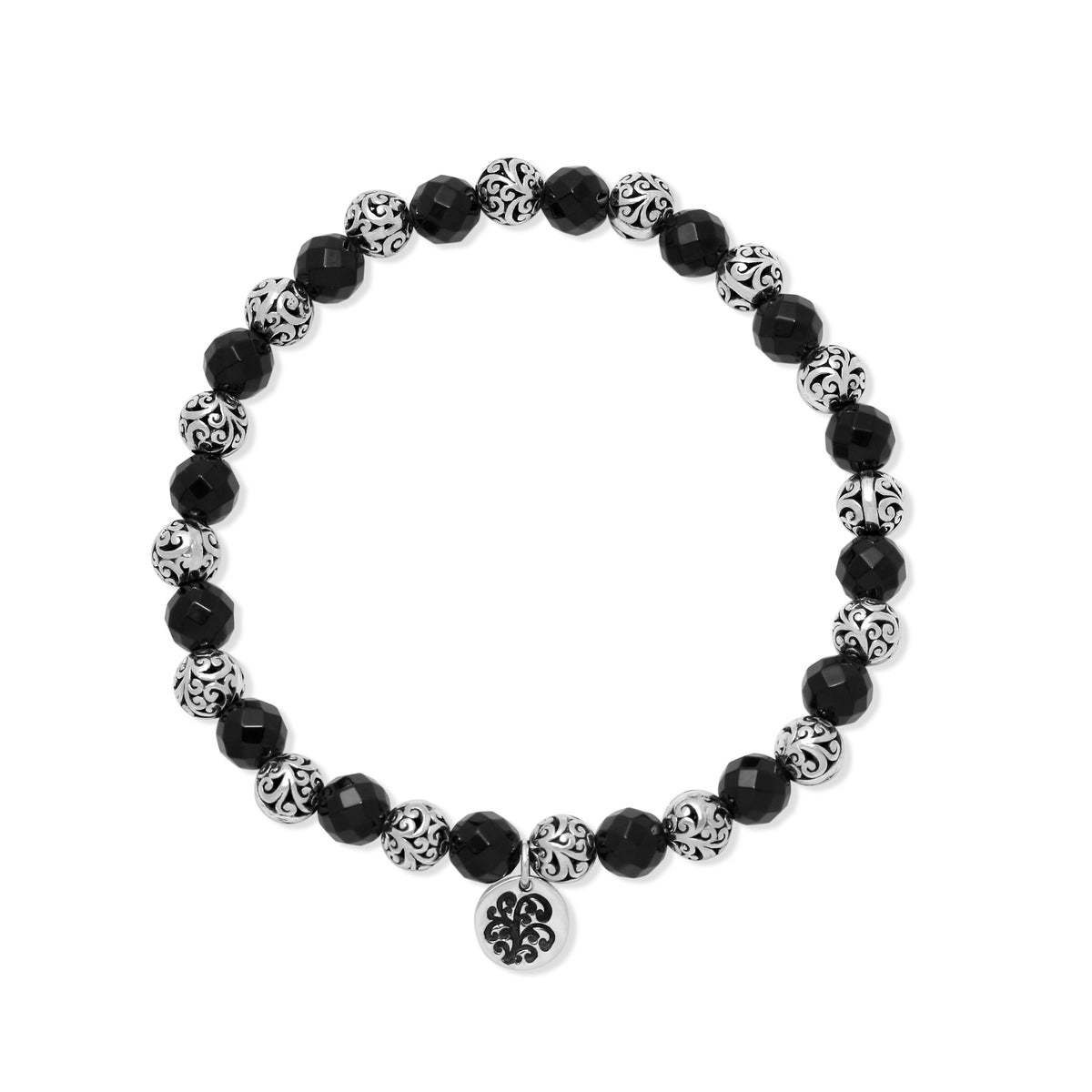 Black Onyx (6mm) & LH Scroll Every Other Beads Stretch Bracelet