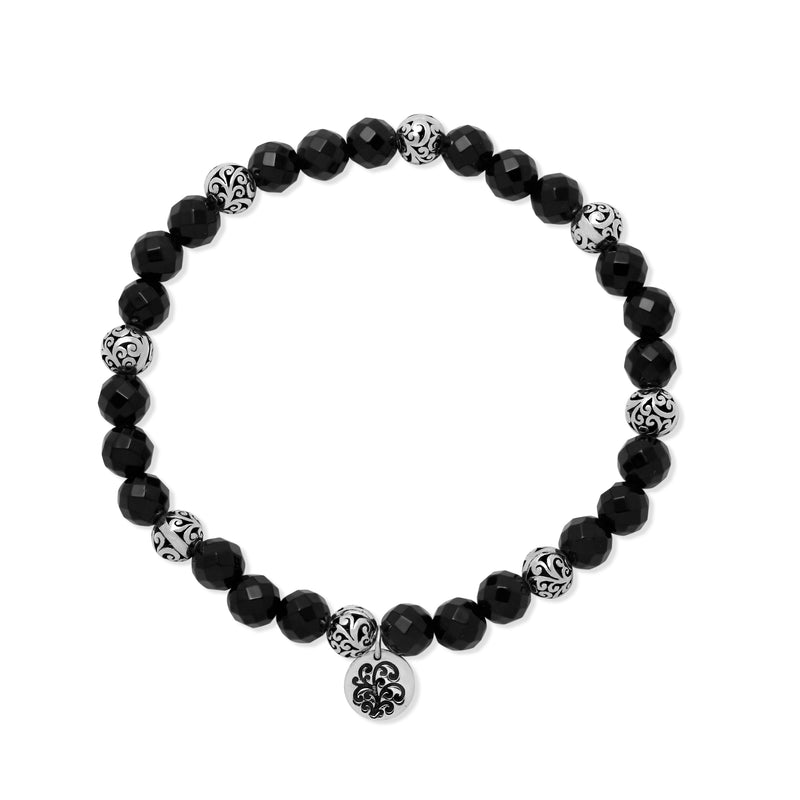 Black Onyx (6mm) & LH Scroll Every Three Beads Stretch Bracelet