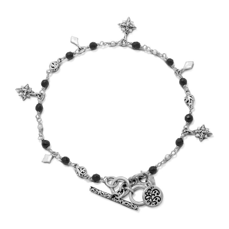 Black Onyx (3mm) Beads Wire-Wrapped with Ptite Starbright Charm Bracelet
