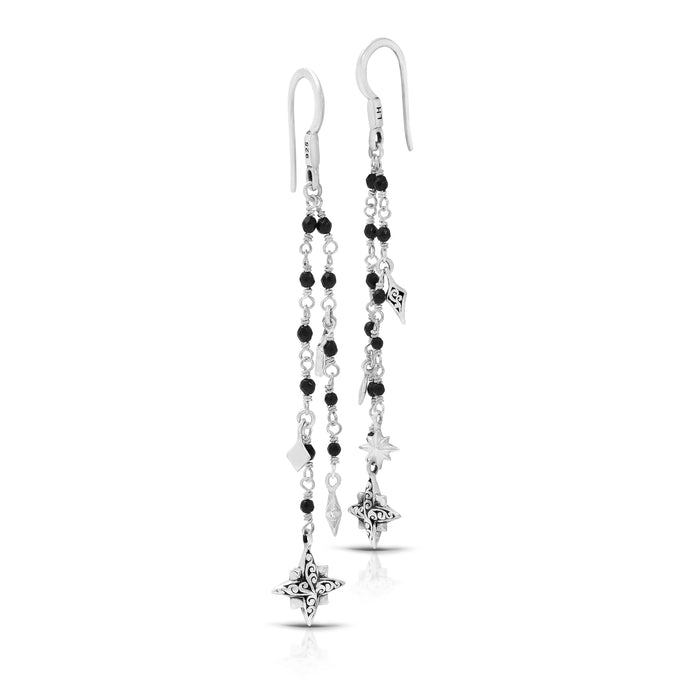 Black Onyx (2mm) Beads Double Strands with Starbright Charm Post Earrings