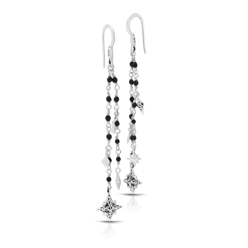 Black Onyx (2mm) Beads Double Strands with Starbright Charm Post Earrings