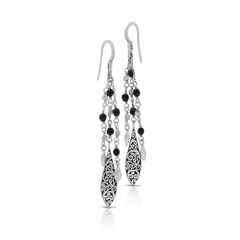 Black Onyx (3mm) Beads Wire-Wrapped with Scroll Marquise Charm Earrings