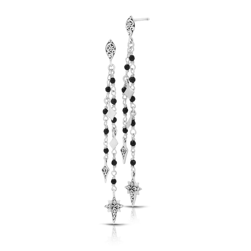 Black Onyx (2mm) Beads Double Strands with Petite Starbright Charm Post Earrings