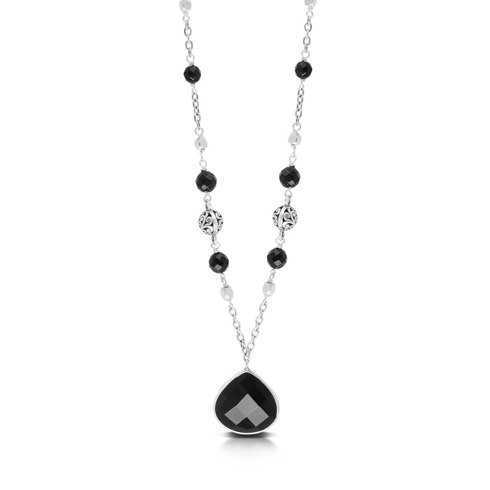 Bulb-Shaped Faceted Black Onyx Pendant with Black Onyx Bead (5mm and 4mm) & Scroll Bead (6mm) Link Chain Necklace