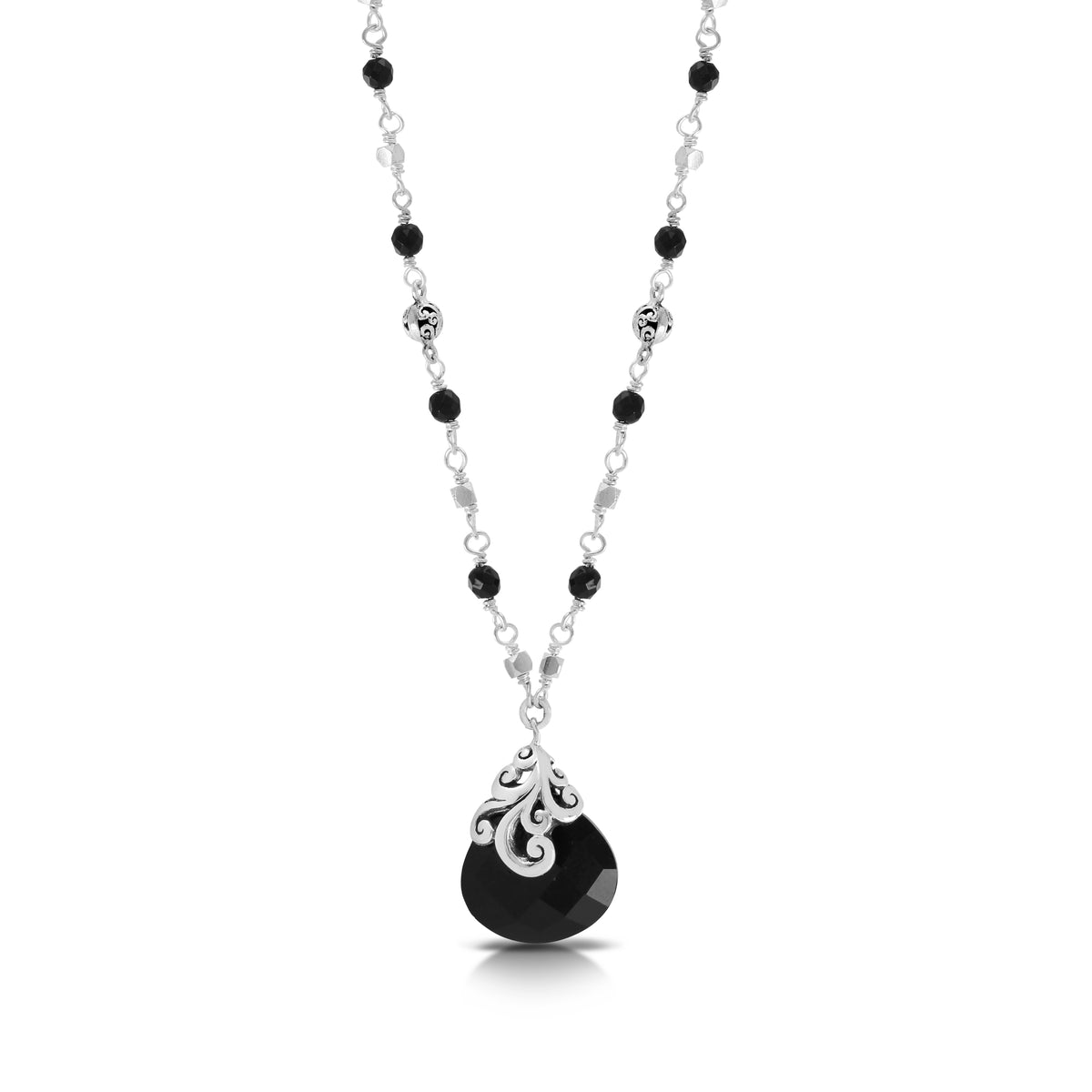 Black Onyx LH Open Scroll Framed Tabiz 15 x 20mm Pendant in Single Strand Wire Wrapped Necklace (17 - 20")