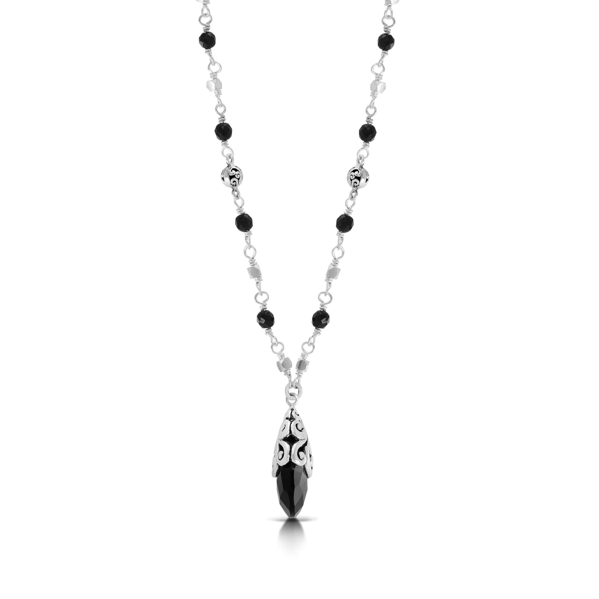 Black Onyx LH Open Scroll Framed Tabiz 15 x 20mm Pendant in Single Strand Wire Wrapped Necklace (17 - 20")