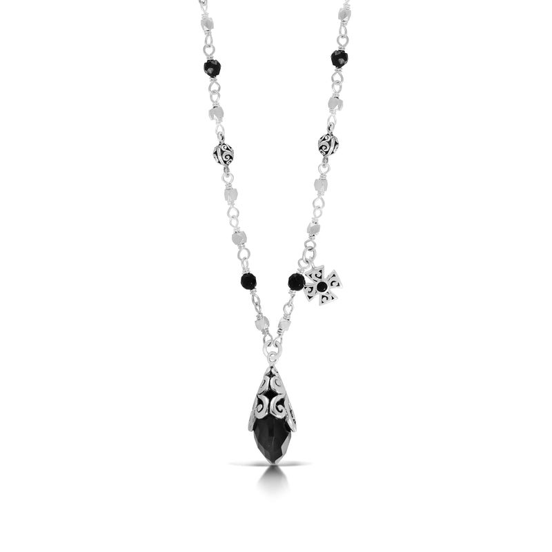 Black Onyx LH Open Scroll Framed Tabiz 15x16mm Pendant and Little Cross Charm in Single Strand Wire Wrapped Necklace  (17 - 20")