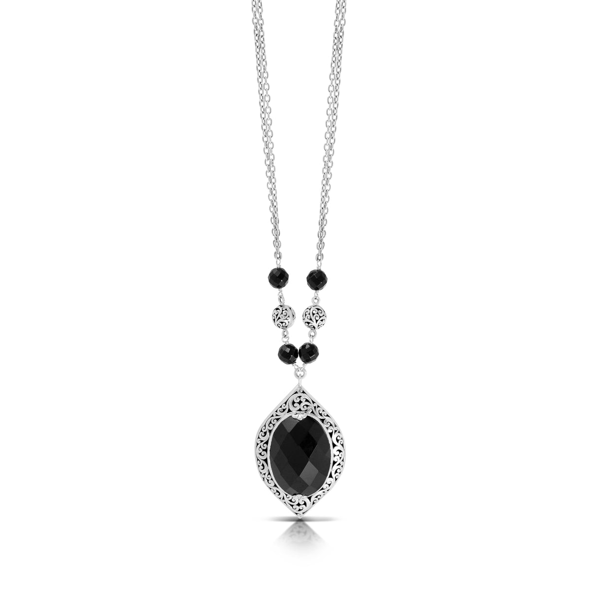 Black Onyx Hammered Frame Marquise 27x 14mm Pendant in Double Chain Necklace  (17 - 20")