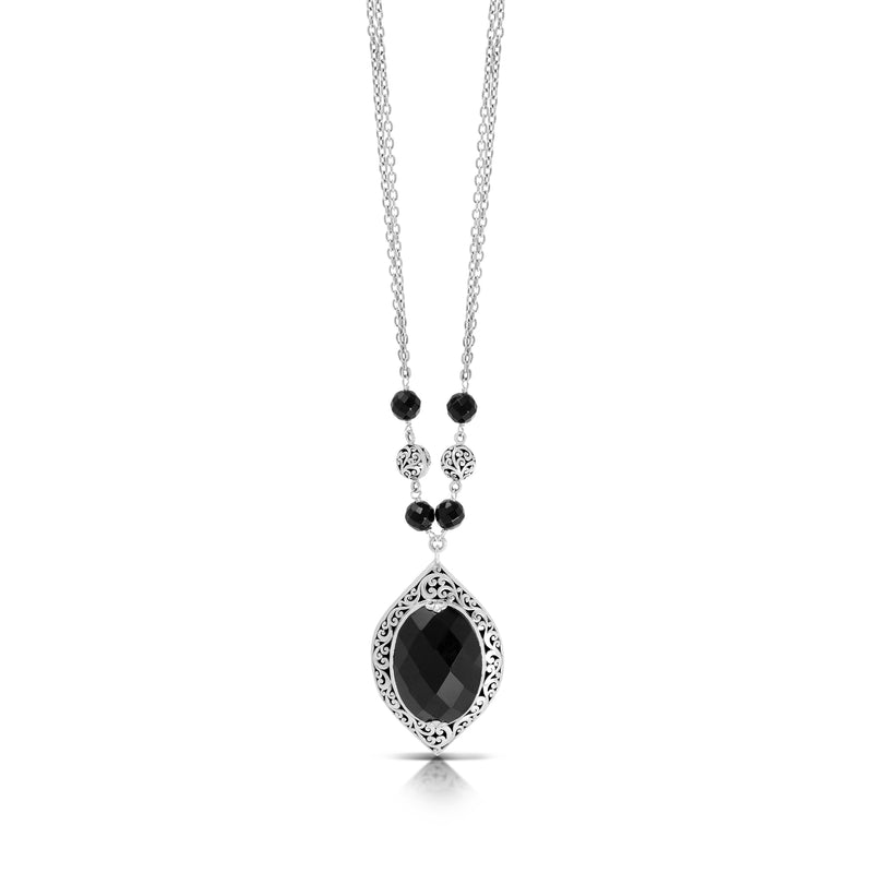 Black Onyx Hammered Frame Marquise 27x 14mm Pendant in Double Chain Necklace  (17 - 20")