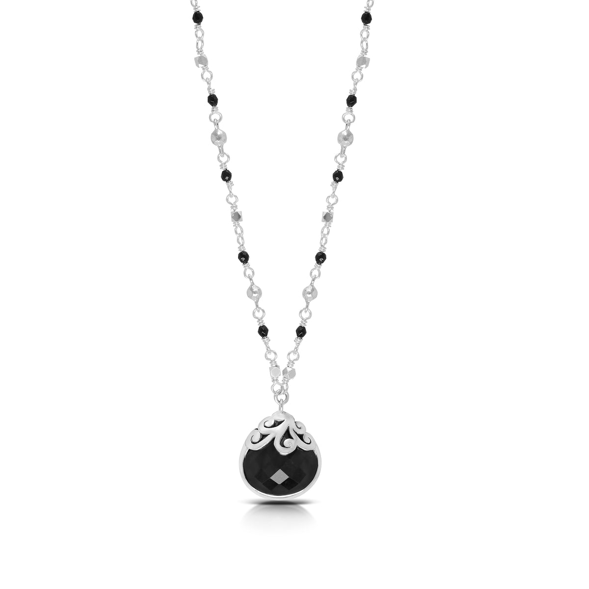 Black Onyx Scroll Petal Framed Tabiz 16x17mm Pendant in Single Strand Scroll Beads Wire Wrapped Necklace  (17 - 20")