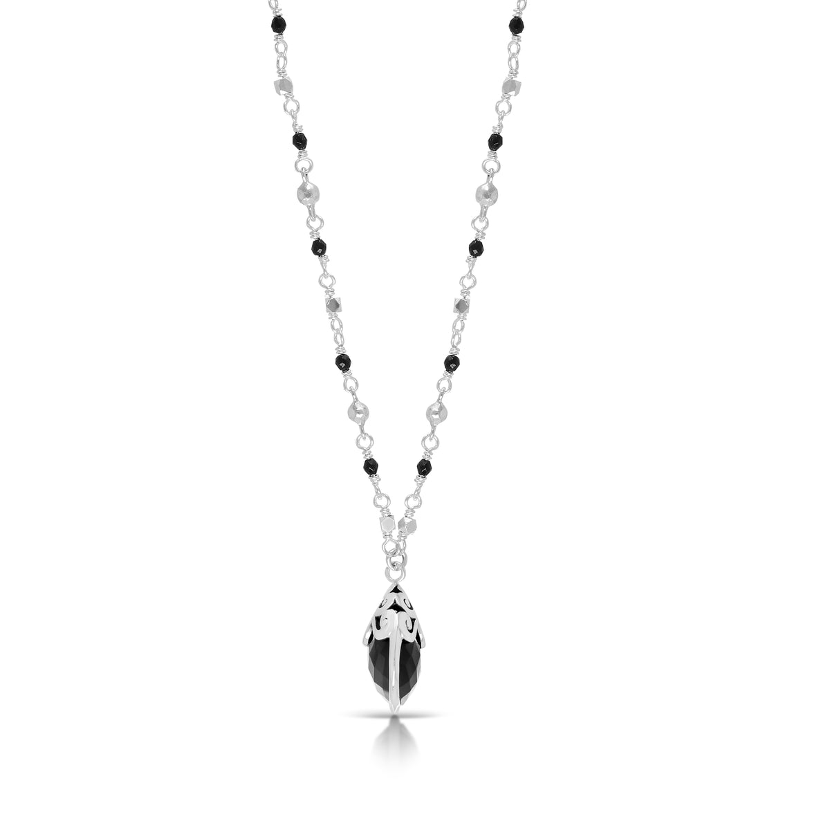 Black Onyx Scroll Petal Framed Tabiz 16x17mm Pendant in Single Strand Scroll Beads Wire Wrapped Necklace  (17 - 20")