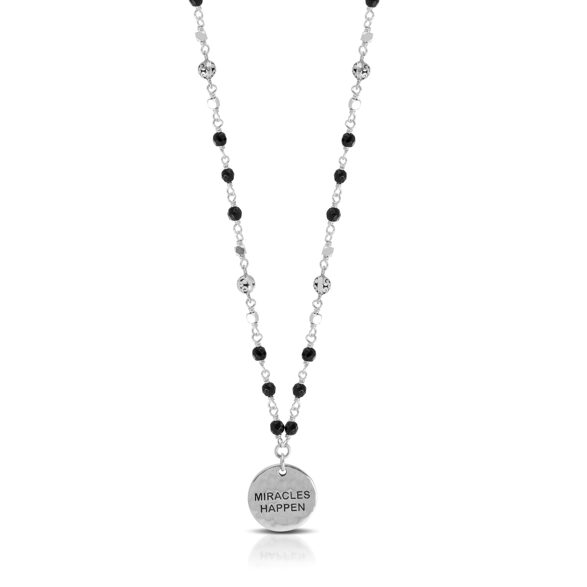 Black Onyx & LH Scroll Beads with Hammered  "Miracles Happen" Disc Scroll Pendant Necklace (17''-20'')