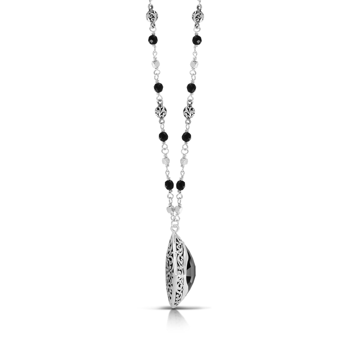 Black Onyx and LH Scroll Beads with 24mmx24mm Cushion Pendant Necklace (17'' - 20")