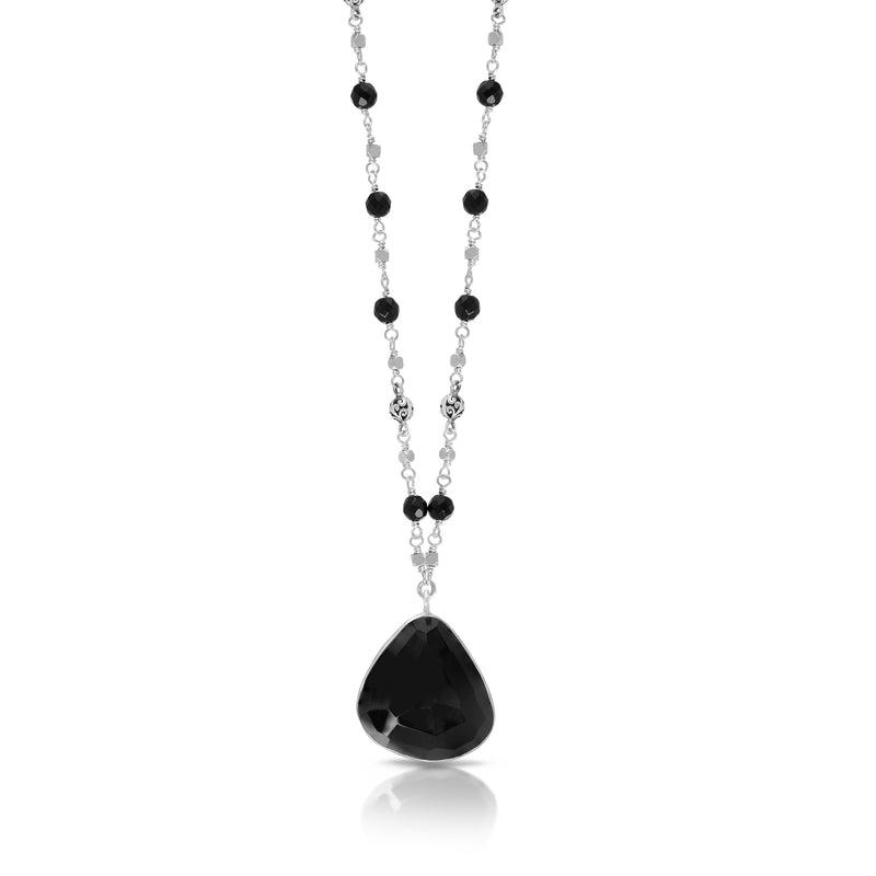 Black Onyx & LH Scroll Beads with Organic-Shaped Pendant Wire-Wrapped Chain Necklace (17-20")