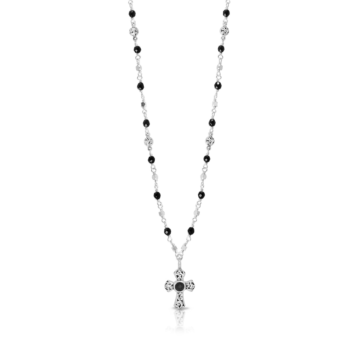 Black Onyx & LH Scroll Beads With Cross Pendant Wire-Wrapped Chain Necklace (17-20")