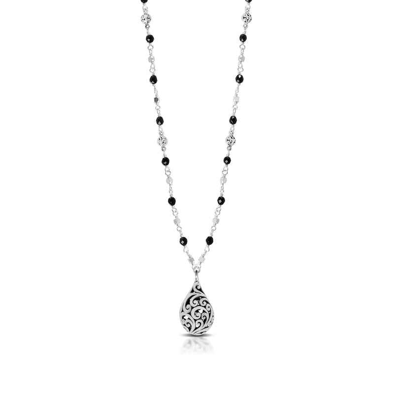 Black Onyx & LH Scroll Beads with Bauble Charm Pendant Wire-Wrapped Chain Necklace (17''-20")