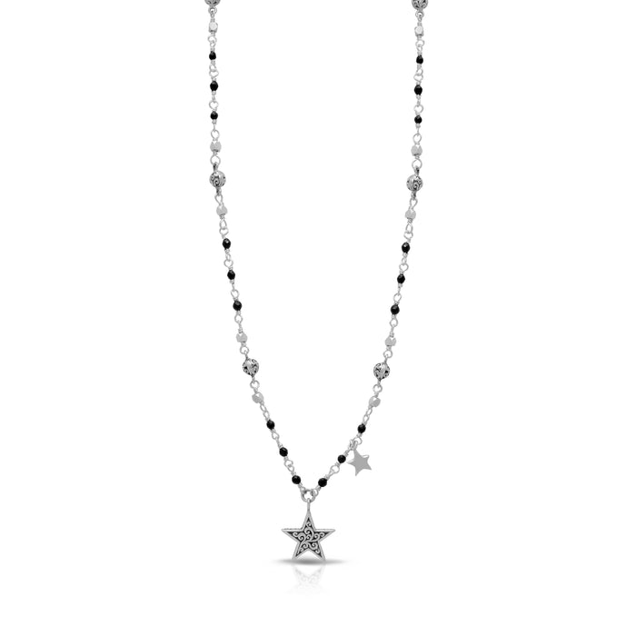 Black Onyx Wire-Wrapped Single Strand with Double Star Charm (12mm x 12mm) Necklace (17''-20'')