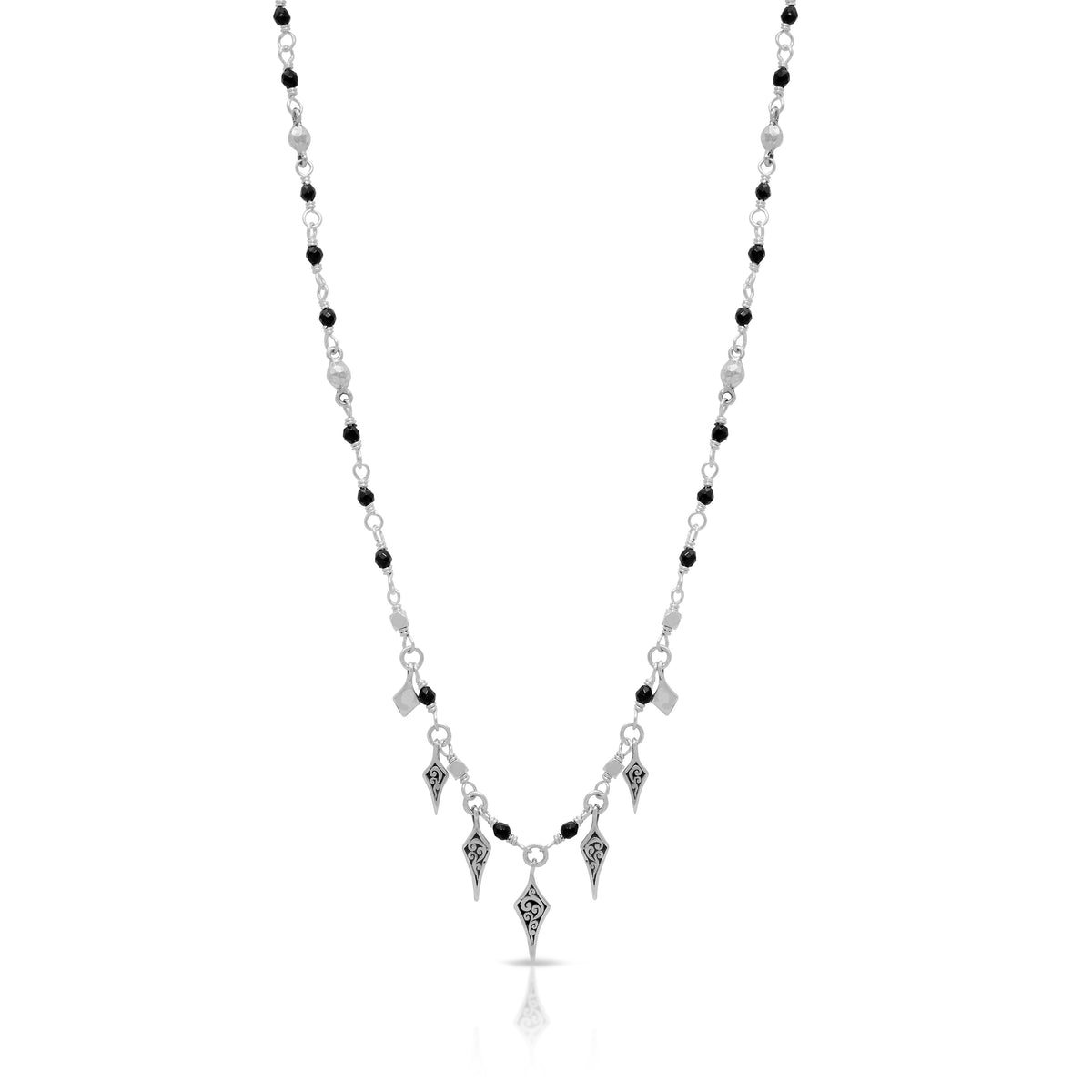 Black Onyx Wire-Wrapped Single Strand with Diamond-Shaped Charm Necklace (17''-20'')