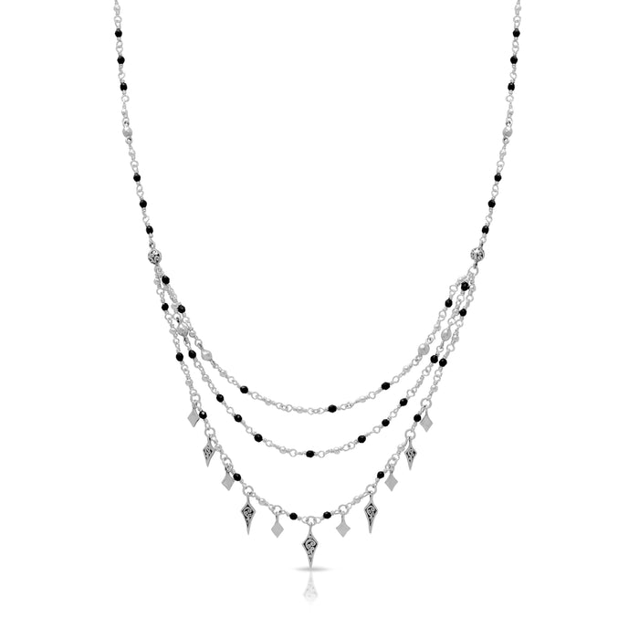 Black Onyx Wire-Wrapped Triple Strand with Diamond-Shaped Charm (5mm x 10mm) Necklace (17''-20'')
