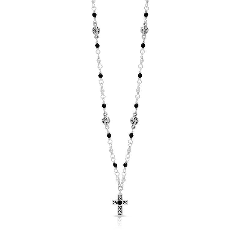 Black Onyx & LH Scroll Beads with Little Scroll Cross Wire-Wrapped Necklace (17''-20'')