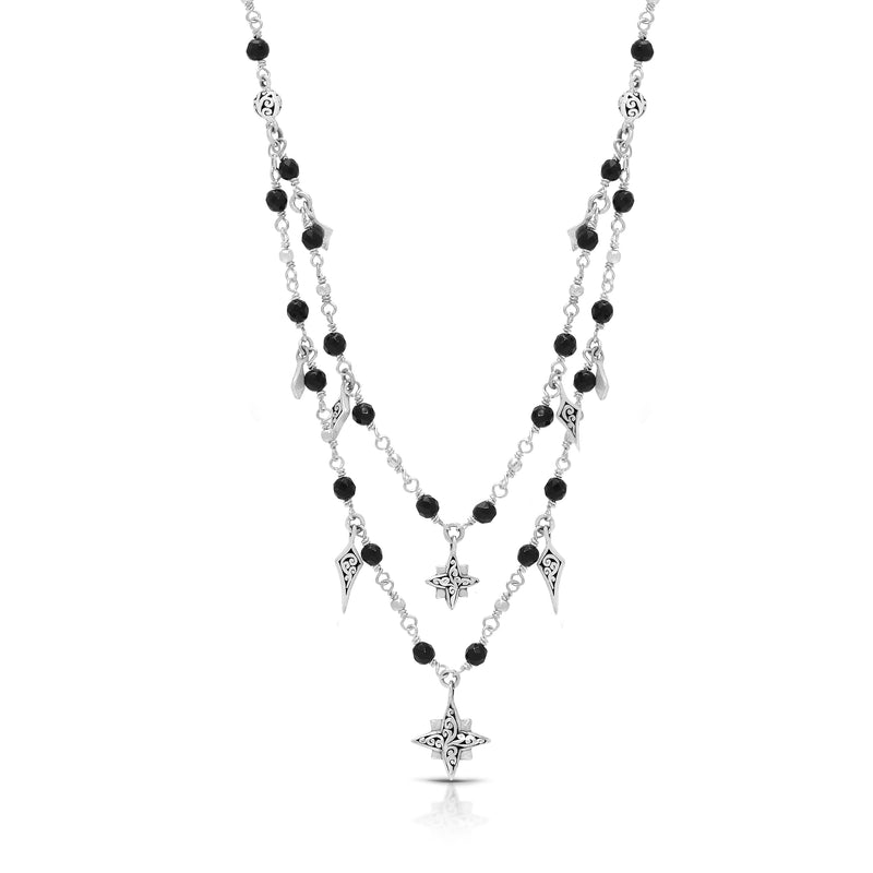 Black Onyx (3mm) Beads Double Layered Wire-Wrapped with Starbright Charm Necklace 17''-20'' Ext