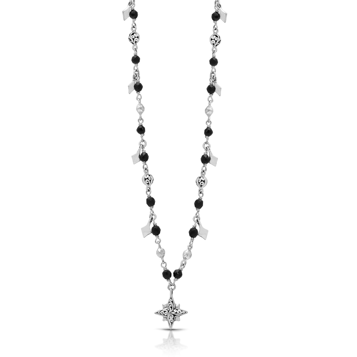 Black Onyx (3mm) Beads Single Strand Wire-Wrapped with Starbright Charm Necklace 17''-20'' Ext