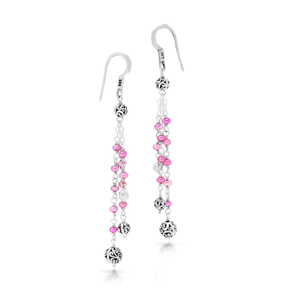 Pink Pearl Bead with Scroll Bead Station Triple Layer Drop Fishook Earrings