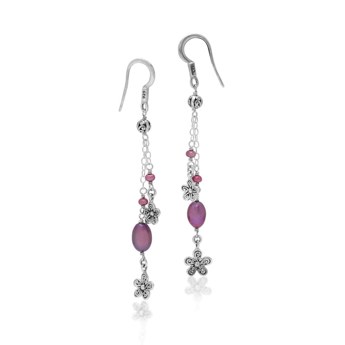 Pink Pearl Bead with Scroll Bead and Open Signature Scroll Flower Drop Fishook Earrings