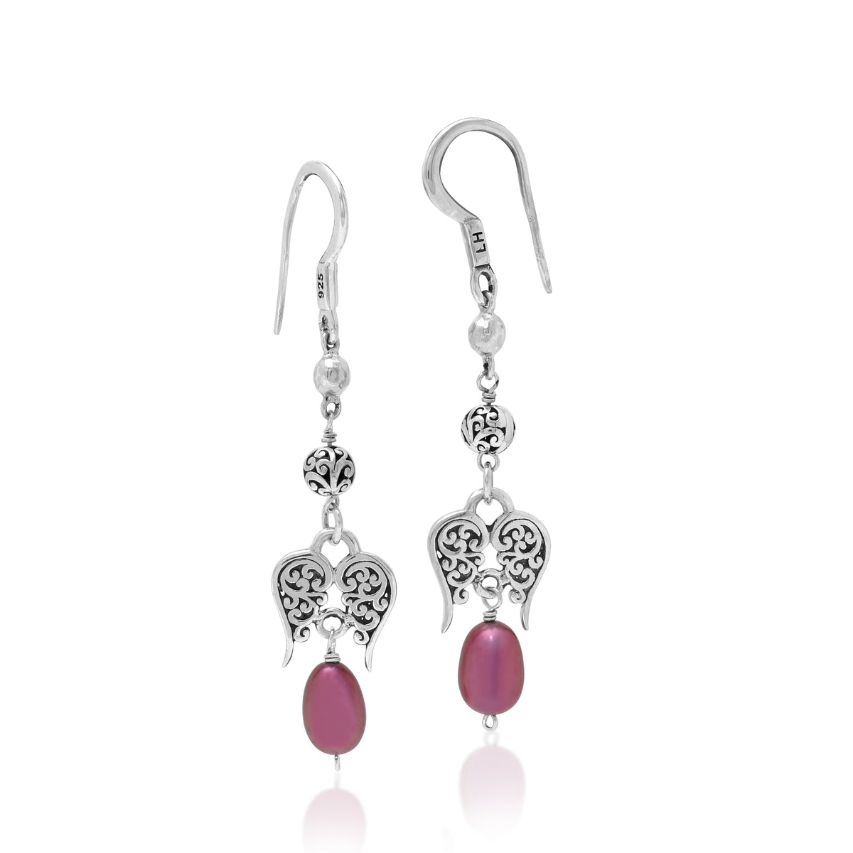 Pink Pearl Bead with Scroll Bead and Signature Scroll Angle-wings Drop Fishook Earrings