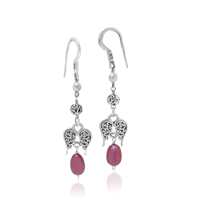 Pink Pearl Bead with Scroll Bead and Signature Scroll Angle-wings Drop Fishook Earrings