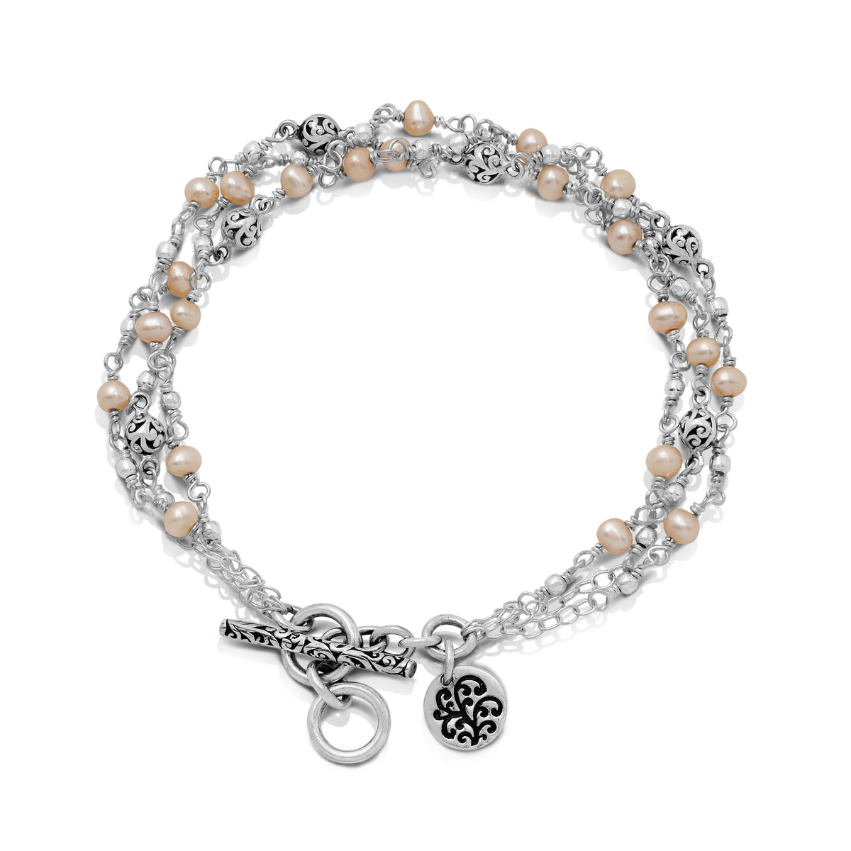 Peach Pearl (3mm) Beads with LH Scroll Bead Triple Strand with Scroll Toggle Bracelet