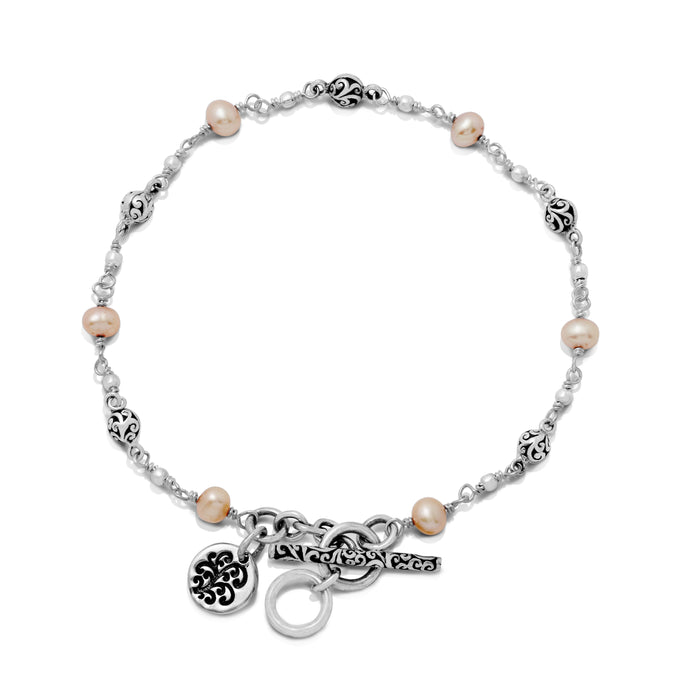 Peach Pearl (3mm) Beads with LH Scroll Ball Single Strand with Scroll Toggle Bracelet