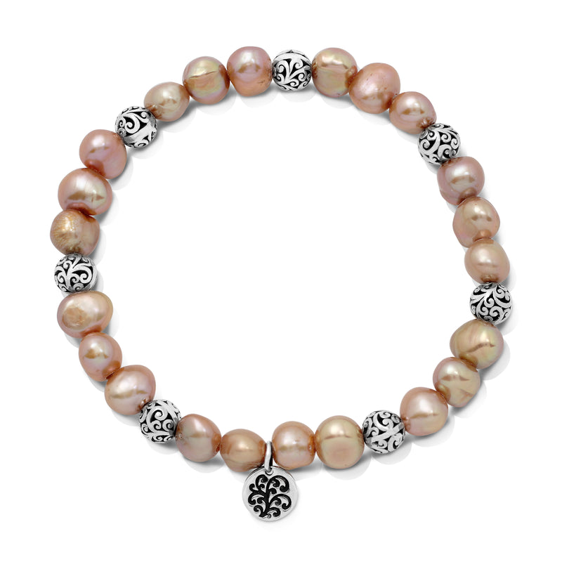 Peach Pearl (6mm) Beads with LH Scroll Bead Every-Three Alternate Stretch Bracelet