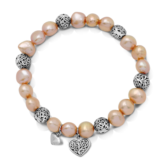 Peach Pearl (8mm) Beads with LH Scroll Bead & Double Heart Charm Every-Three Alternate Stretch Bracelet