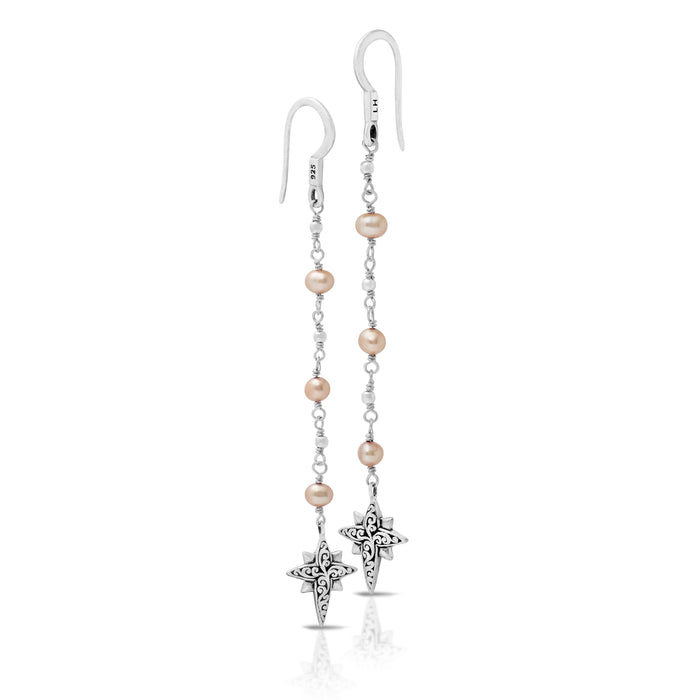 Peach Pearl (4mm) Beads with LH Scroll Starbright Charm Drop Earrings