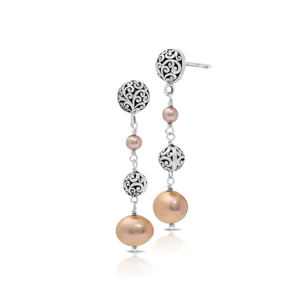 Peach Pearl (10mm) Beads with LH Scroll Bead Vertical Post Earrings