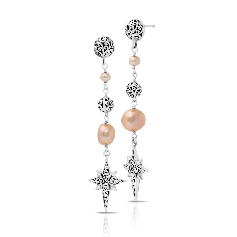 Peach Pearl (10mm) Beads with LH Scroll Starbright Long Vertical Post Earrings