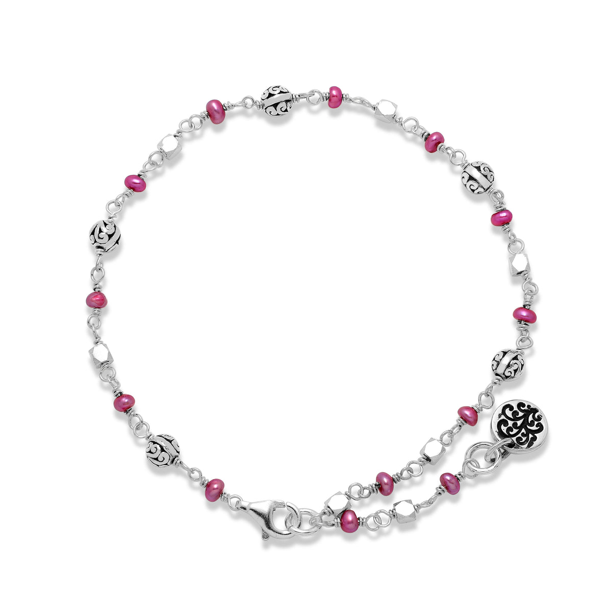 Pink Pearl Bead (3mm) with Scroll Sterling Silver Bead (4mm) Wire-Wrapped Bracelet. <br> 7 1/5'' L