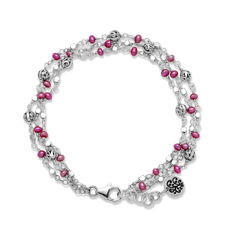 Triple Strands Pink Pearl Bead (3mm) with Scroll Sterling Silver Bead Wire-Wrapped Bracelet. <br> 7 5/8'' L