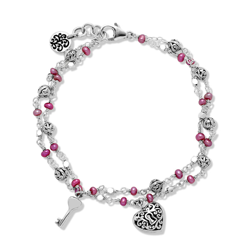 Double Strands Pink Pearl Bead (3mm) with Scroll Sterling Silver Bead and Heart Padlock & Key Charm Wire-Wrapped Bracelet. <br> 7 5/8'' L