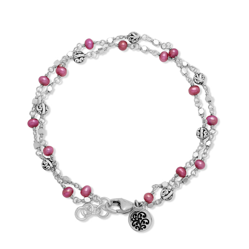 Double Strands Pink Pearl Bead (4mm) with Scroll Sterling Silver Bead (4mm) Wire-Wrapped Bracelet. <br> 7 7/8'' L